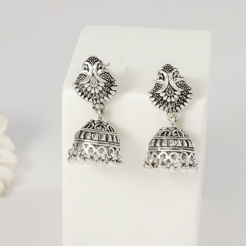 Tanvika Peacock Motif Silver Jhumki