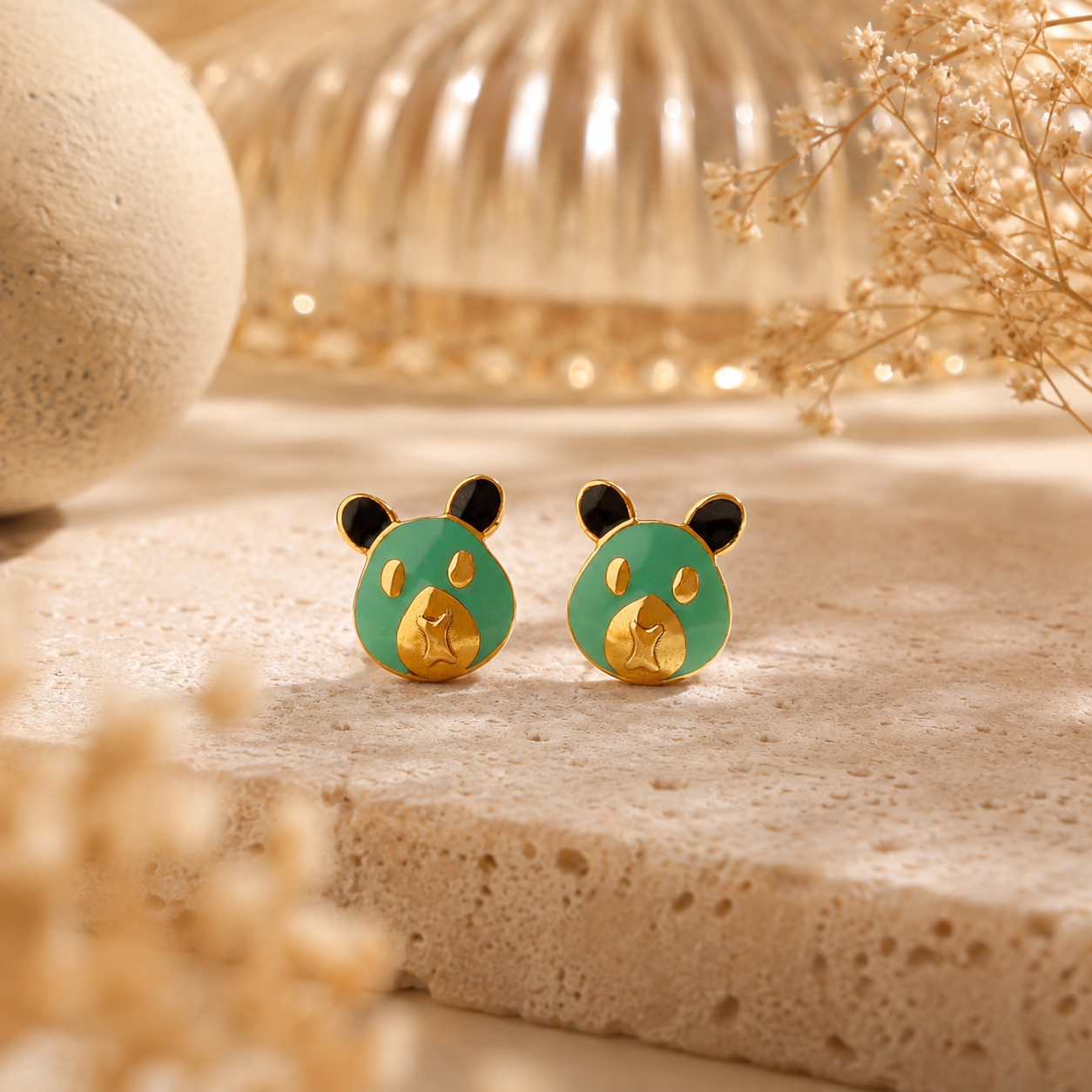 Panda Face Studs Gold Earrings For Kids