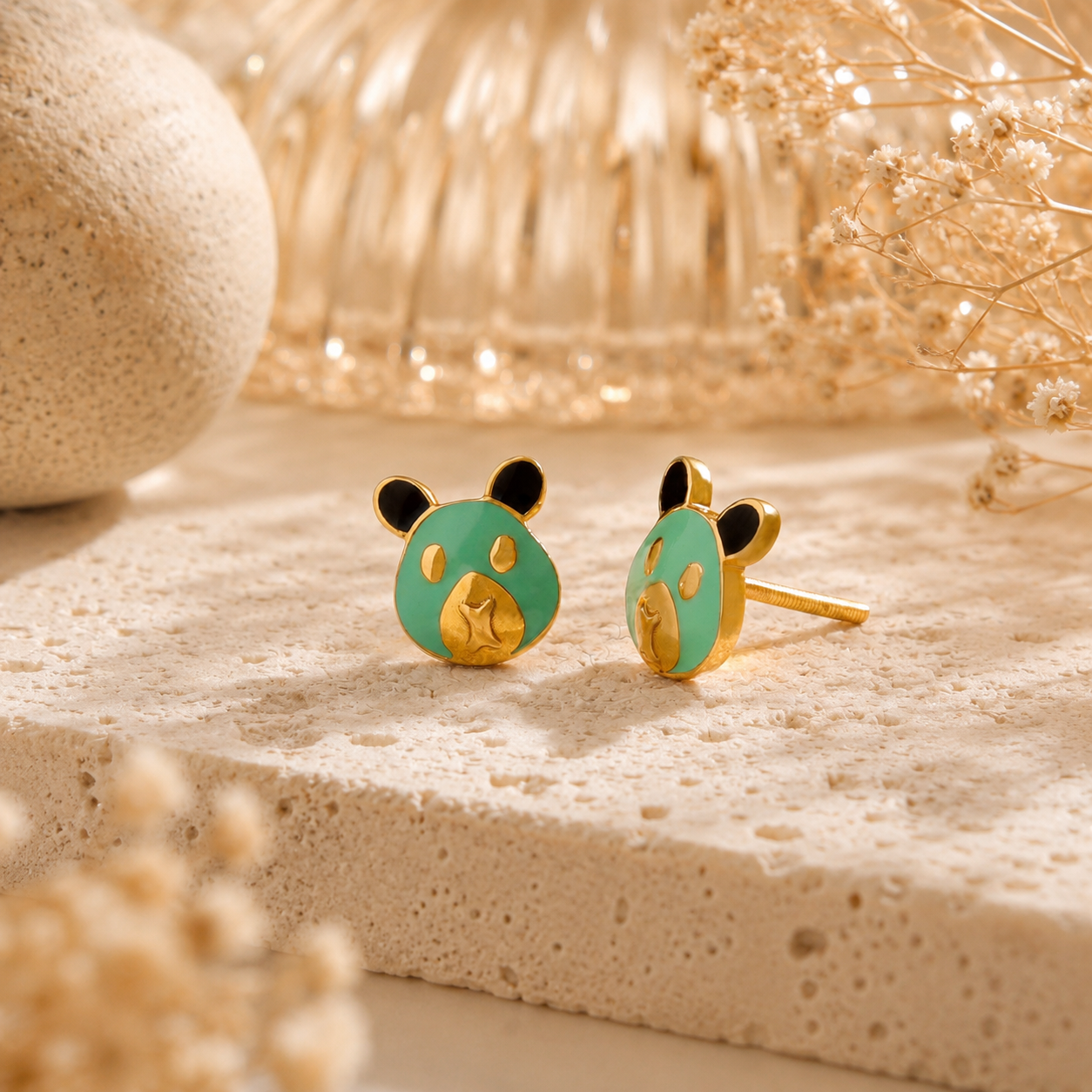 Panda Face Studs Gold Earrings For Kids