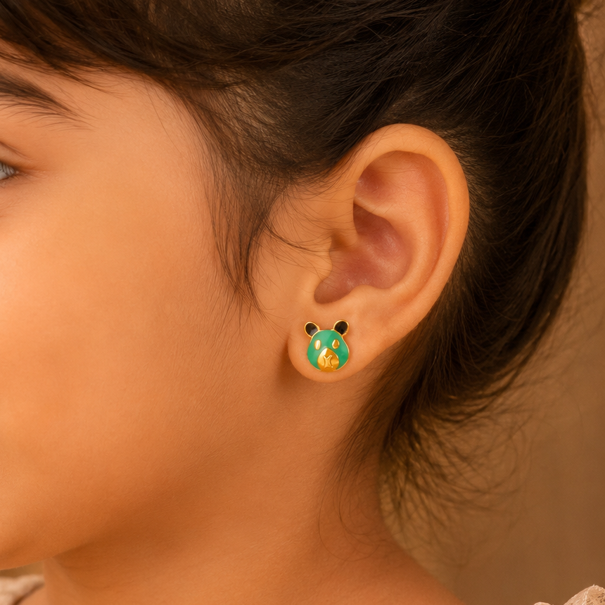 Panda Face Studs Gold Earrings For Kids