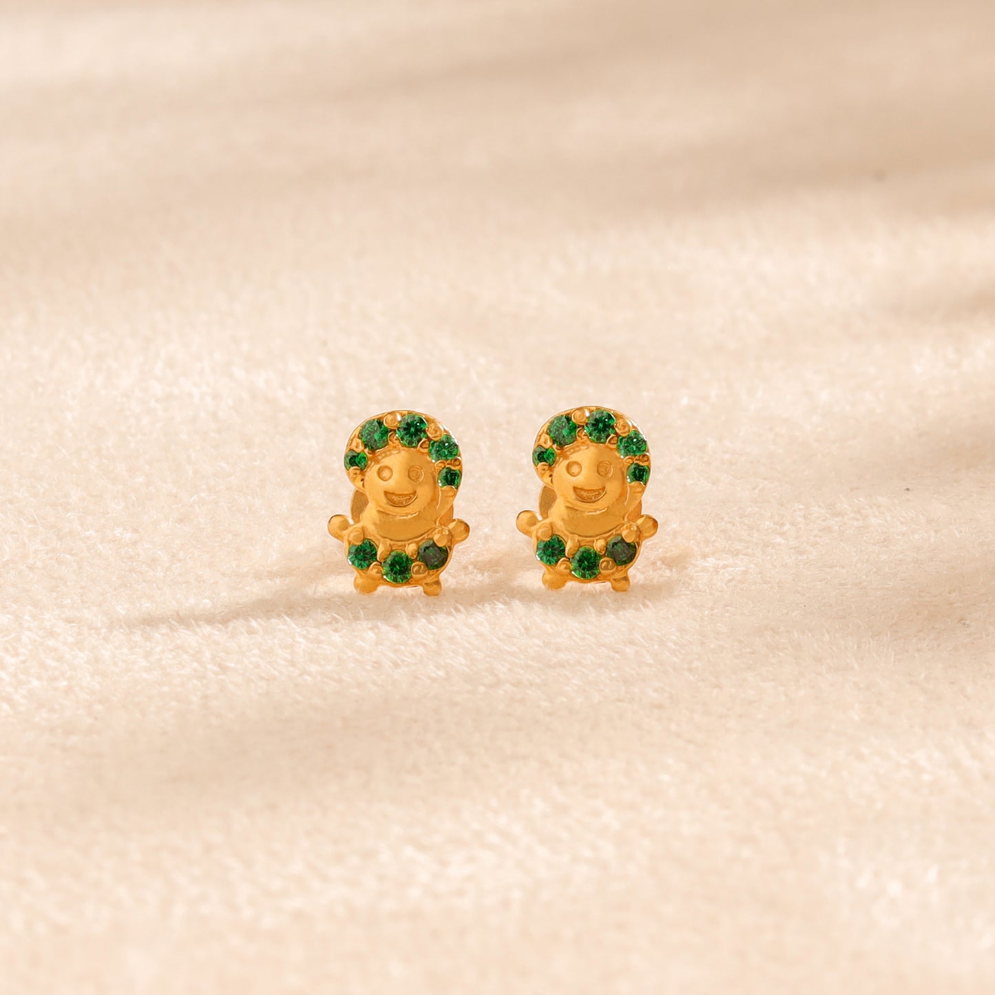Green Gem Teddy Gold Earrings For Kids