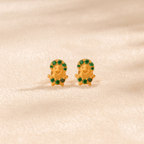 Green Gem Teddy Gold Earrings For Kids