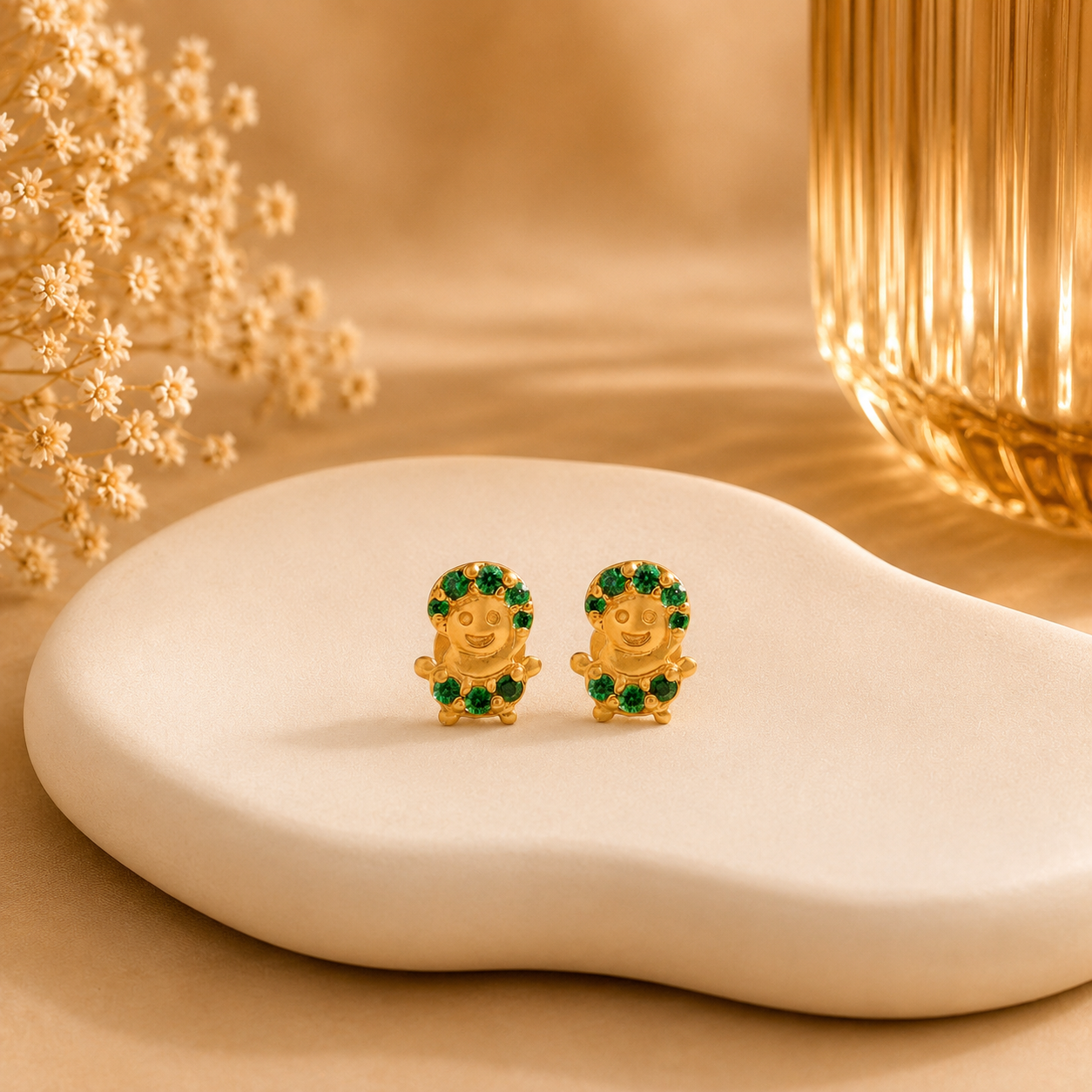 Green Gem Teddy Gold Earrings For Kids