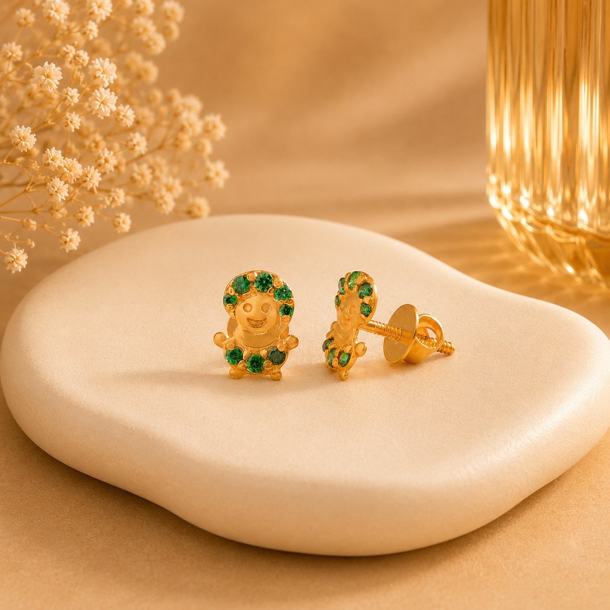 Green Gem Teddy Gold Earrings For Kids