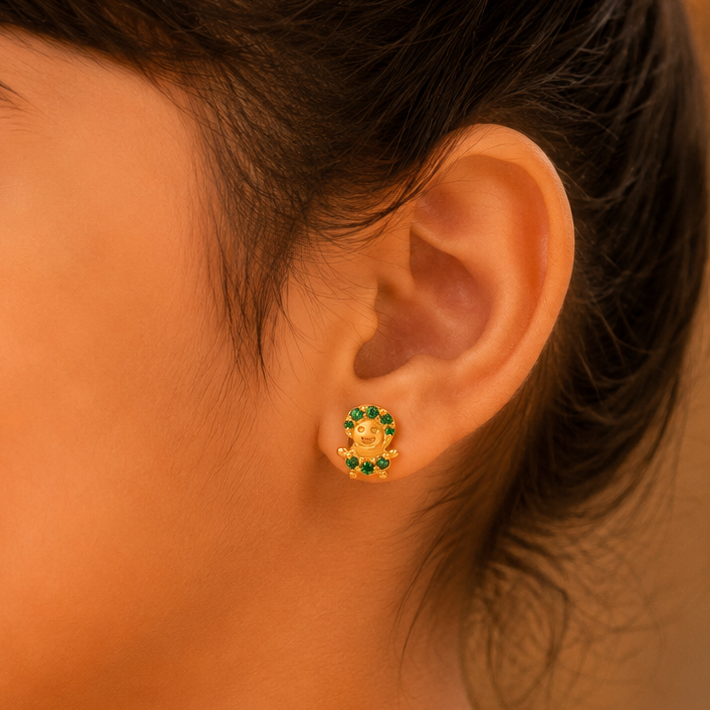 Green Gem Teddy Gold Earrings For Kids