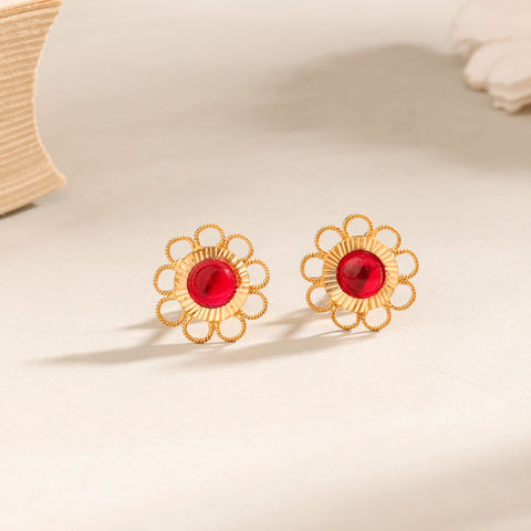 Classic Red Bloom Gold Earrings
