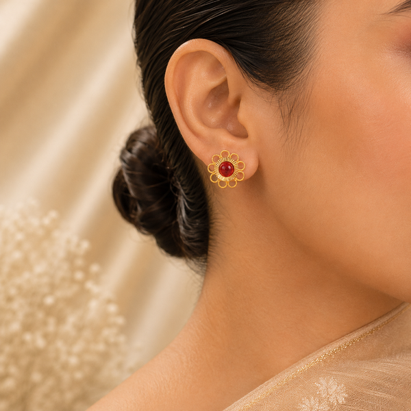 Classic Red Bloom Gold Earrings