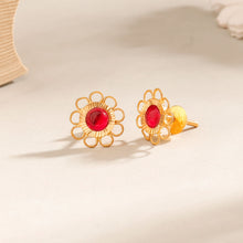 Classic Red Bloom Gold Earrings