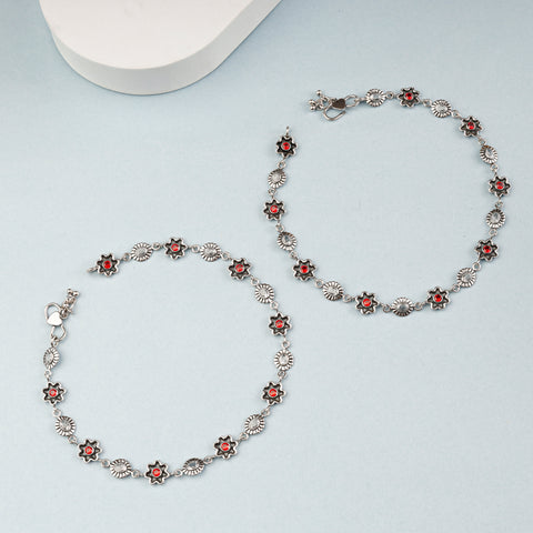 Komal Vintage Floral Ruby Silver Anklets
