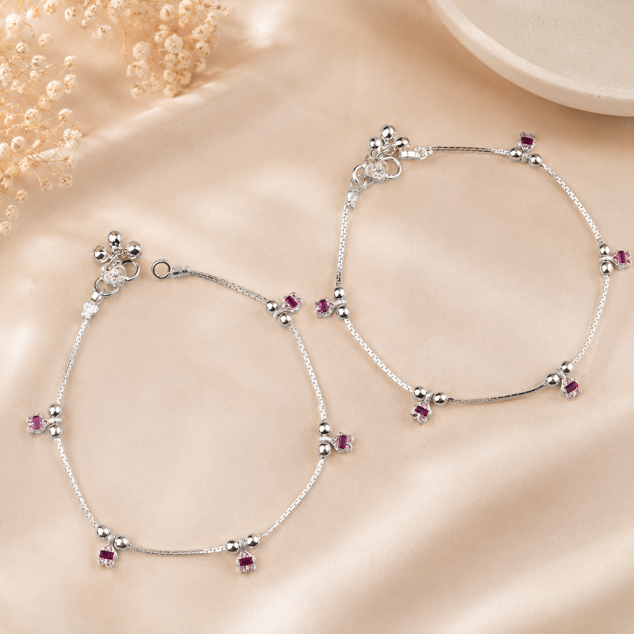 Avni Simple Pink Charm Silver Anklets