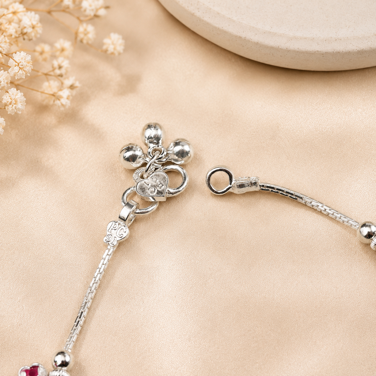 Avni Simple Pink Charm Silver Anklets
