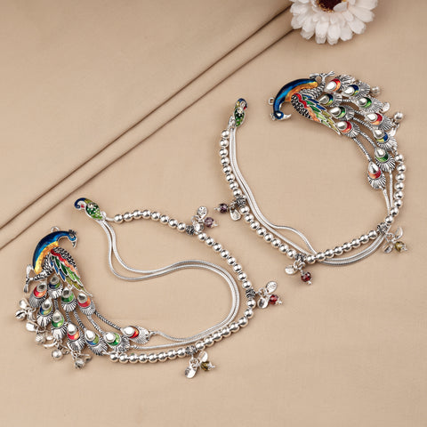 Meenakari Peacock Charm  Silver Anklets