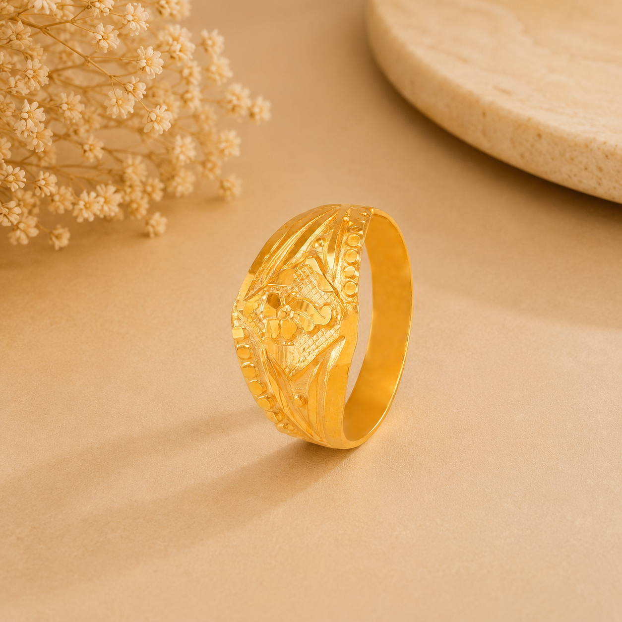 Leaf Patterned Glossy Gold Ring For Kids