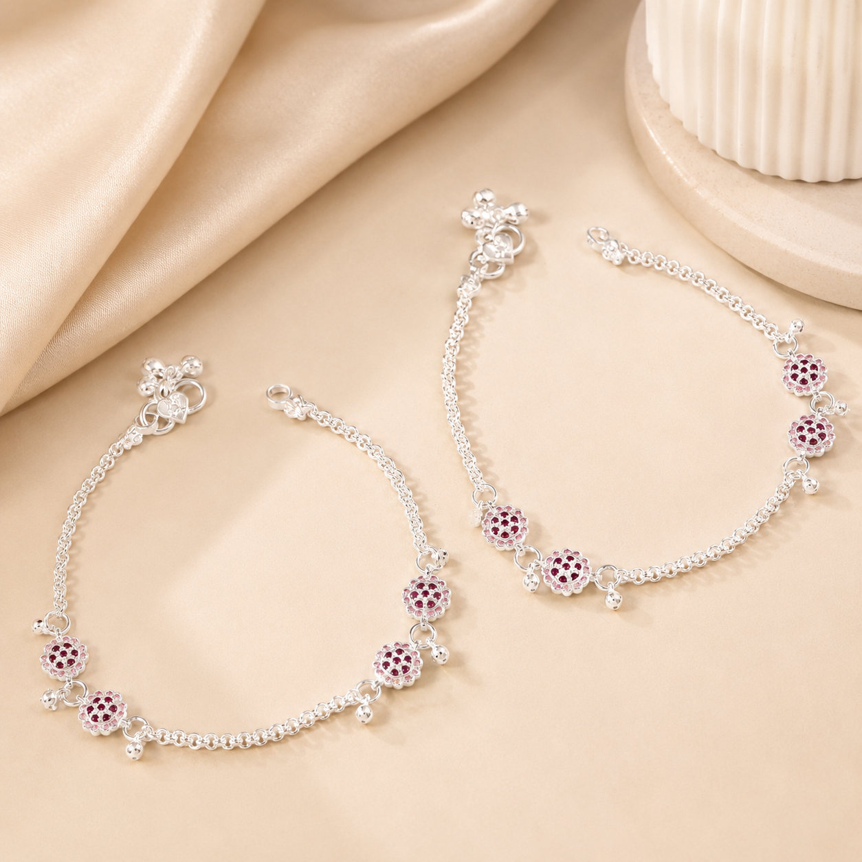 Zivika Crimson Floral Charm Silver Anklets