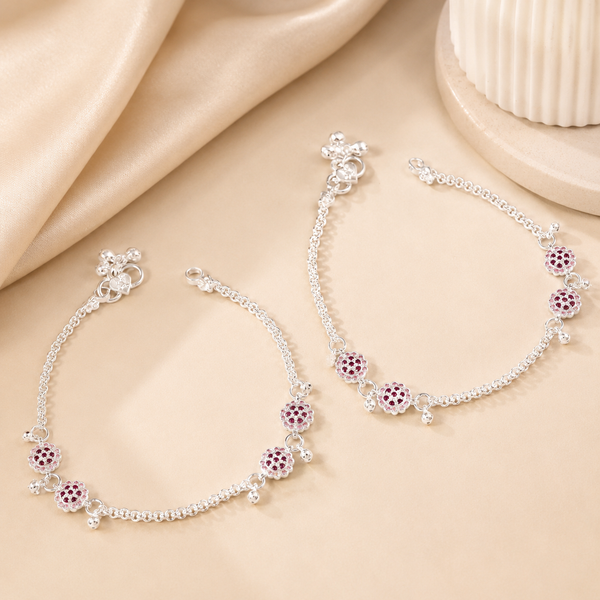 Zivika Crimson Floral Charm Silver Anklets