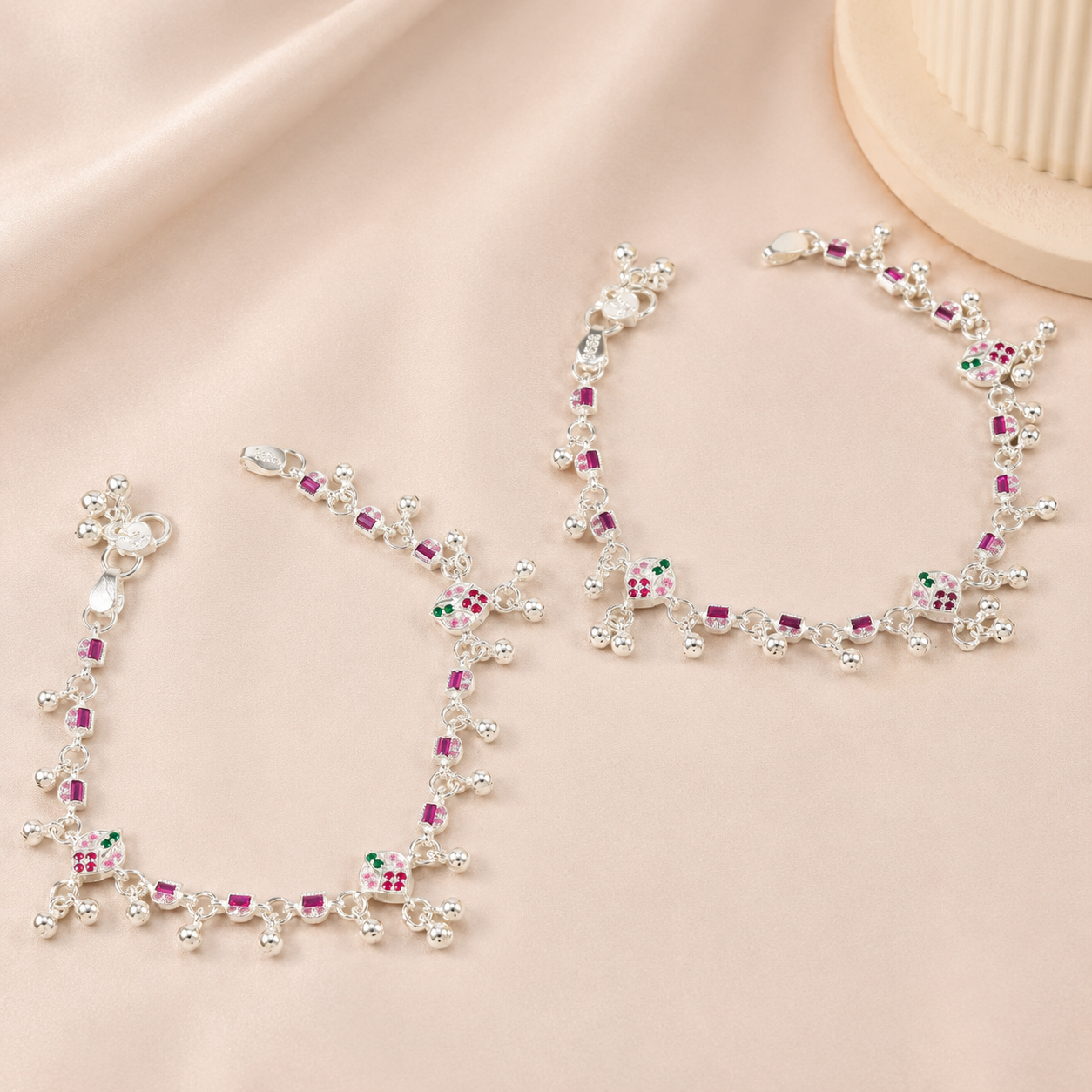 Juhi Pink Charm Silver Anklets