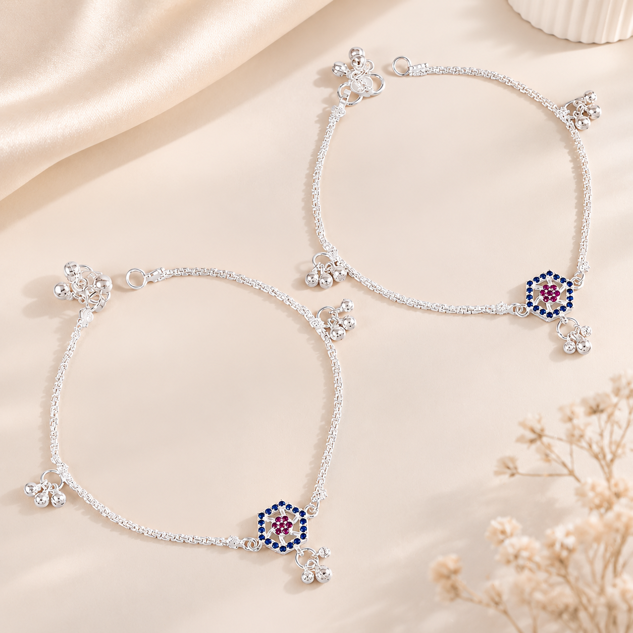 Tanishka Divine Blue Stone Silver Anklets