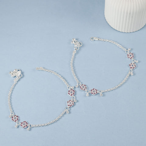 Ishita Graceful Pink Bloom Silver Anklets