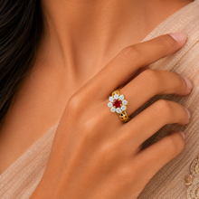 Floral Sparkle With Ruby Charm Gold Ring