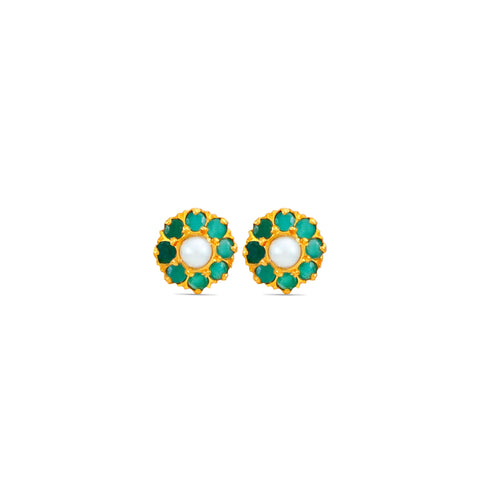 Green floral pearl stud Gold Earrings