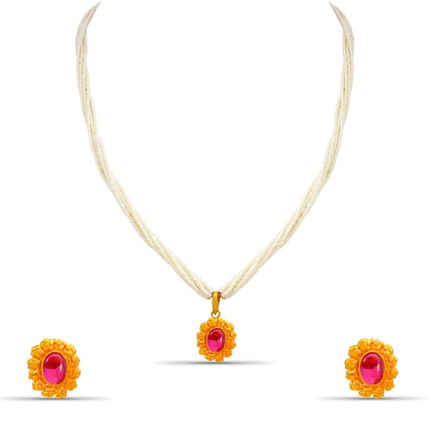 Falak Elegant Pearl Strands With Ruby pendant Set