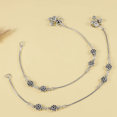 Varnika Floral Chain Silver Anklets