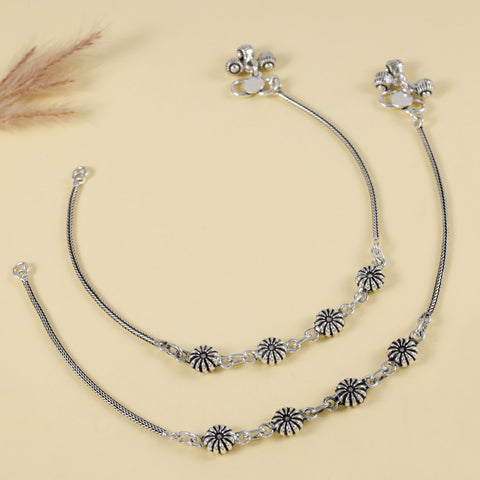 Janvi Floral Bead Chain Silver Anklets