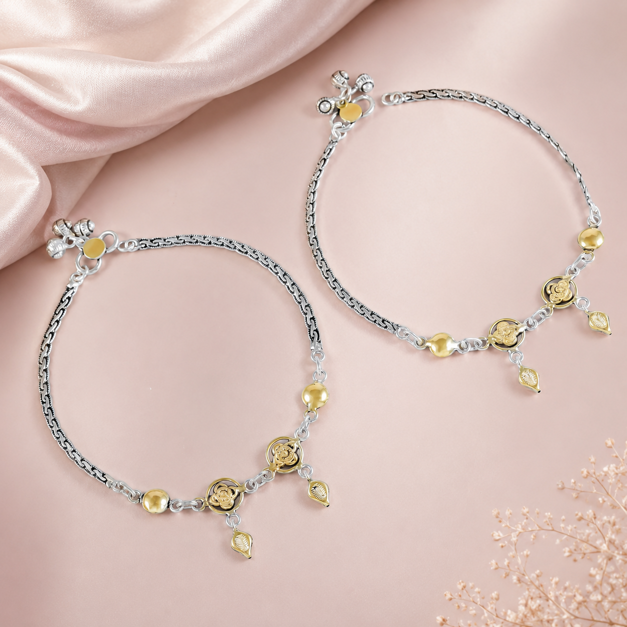 Kyra Dual Tone Floral Silver Anklets