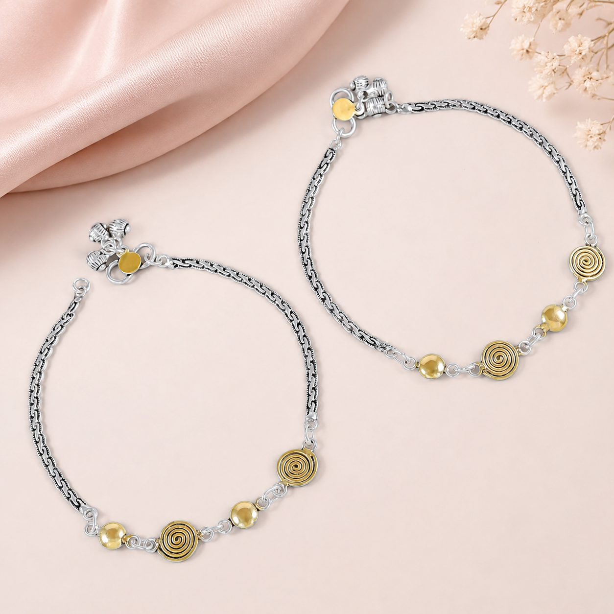 Gauri Dual Tone Spiral Silver Anklets