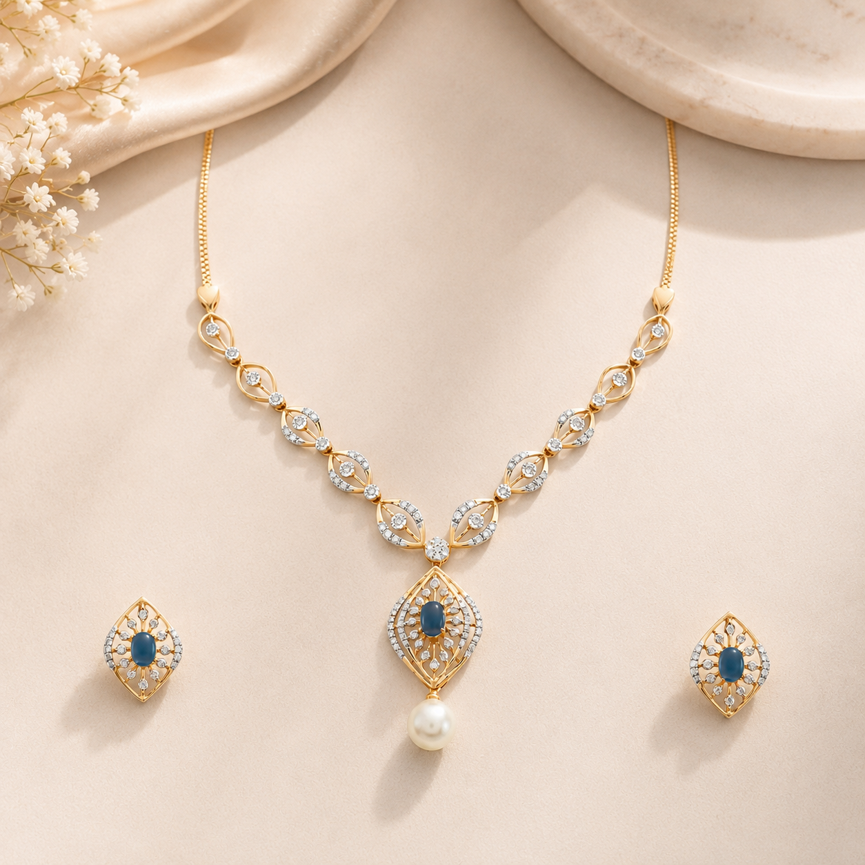 Blue Drop  With Pearl  Diamond Necklace Set