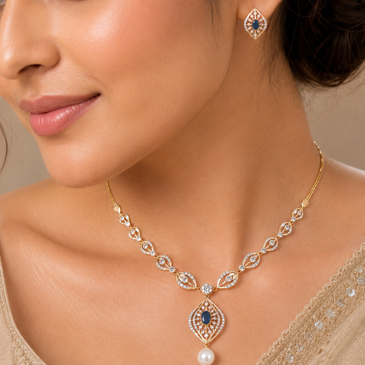 Blue Drop  With Pearl  Diamond Necklace Set