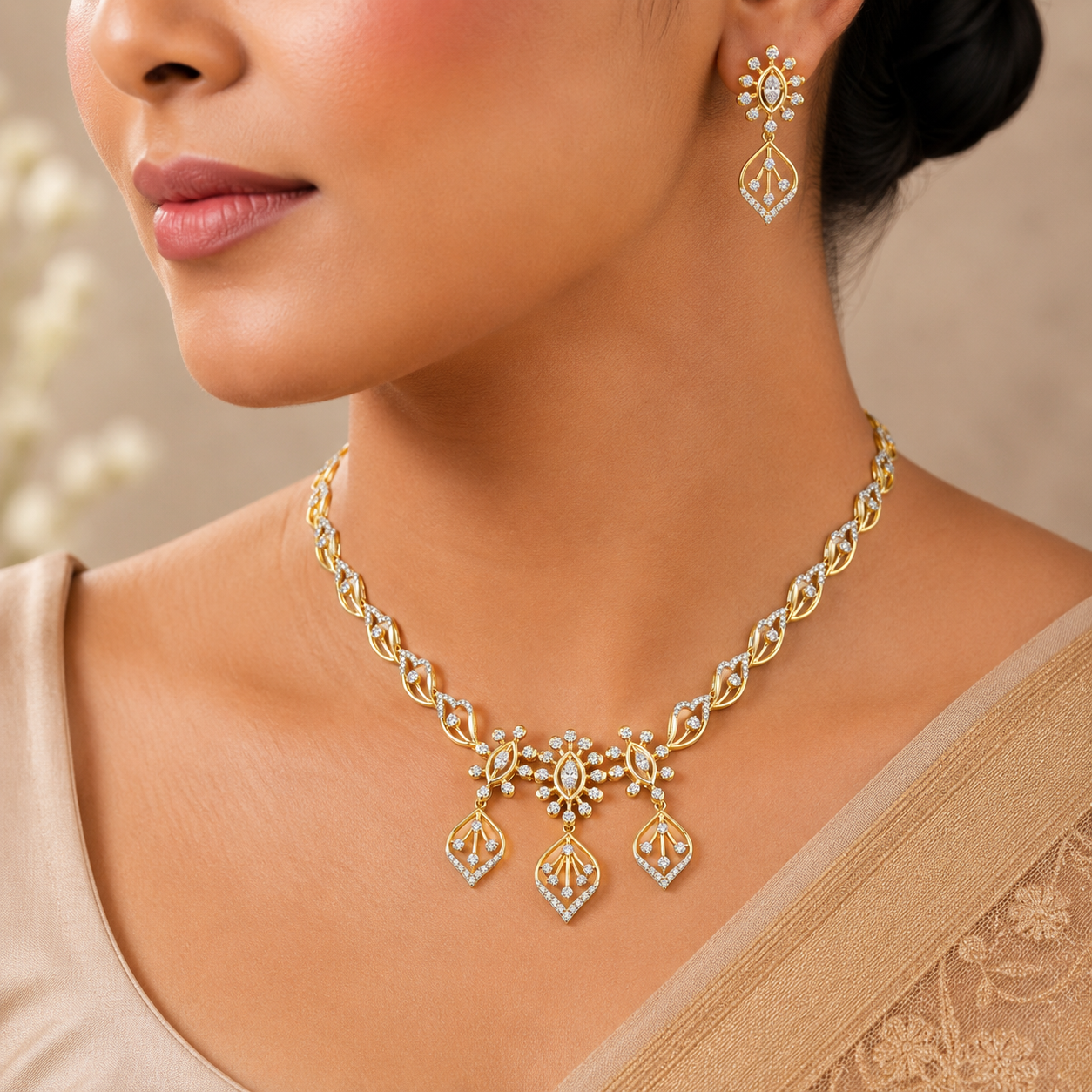 Graceful Gold diamond Necklace Set With Floral