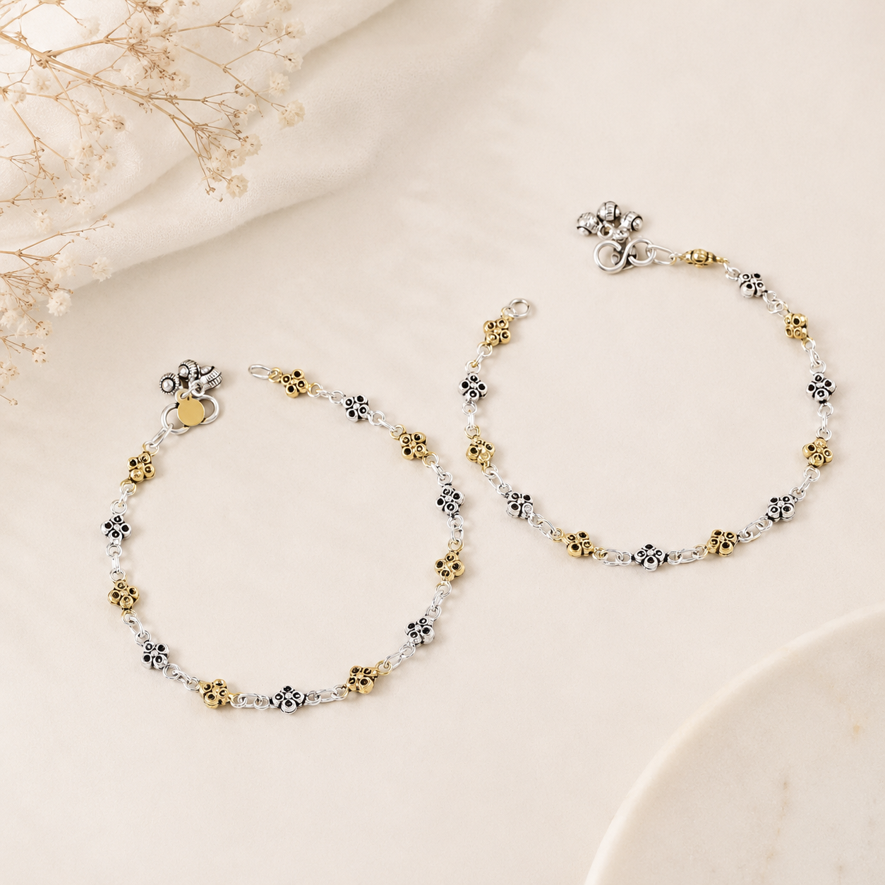 Ishita Pearl Dot Silver Anklets