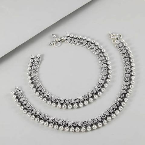 Ira Floral Ghungroo Silver Anklets