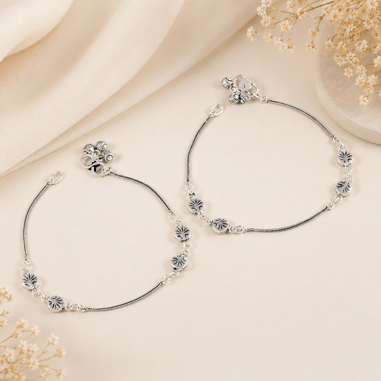 Divine Flora Charm Silver Anklets