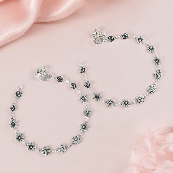 Himani Rose Petal Silver Anklets