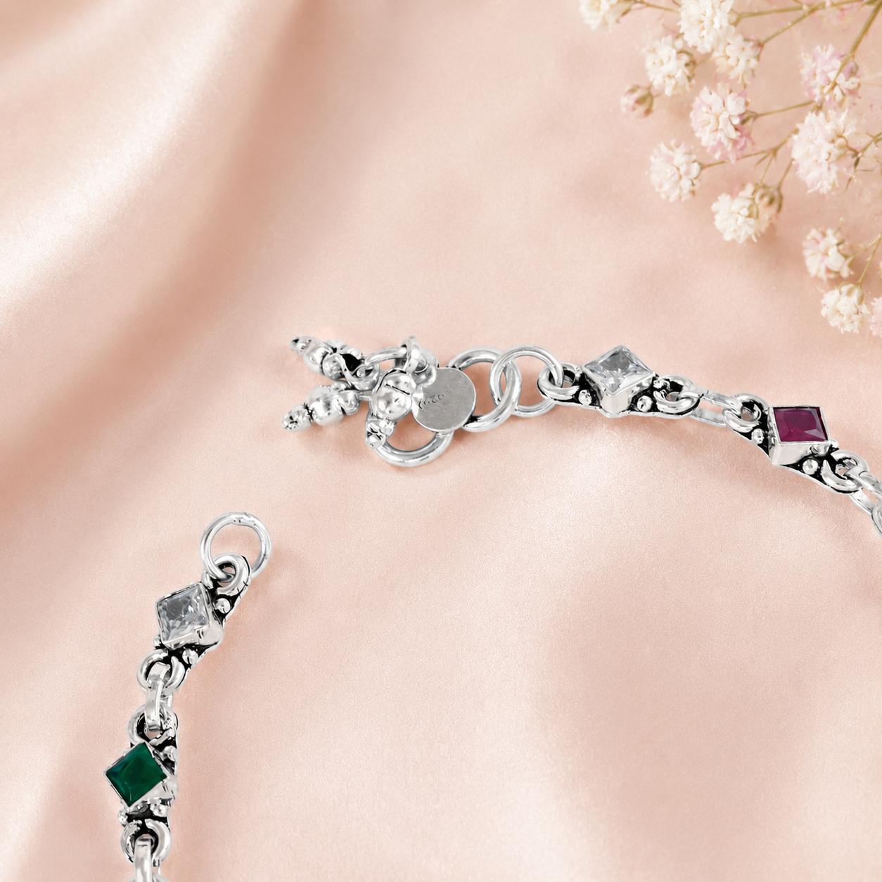 Kavita Tricolor Gem Silver Anklets