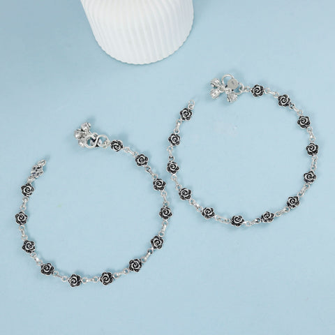 Madhuri Black Rose Charm Silver Anklets