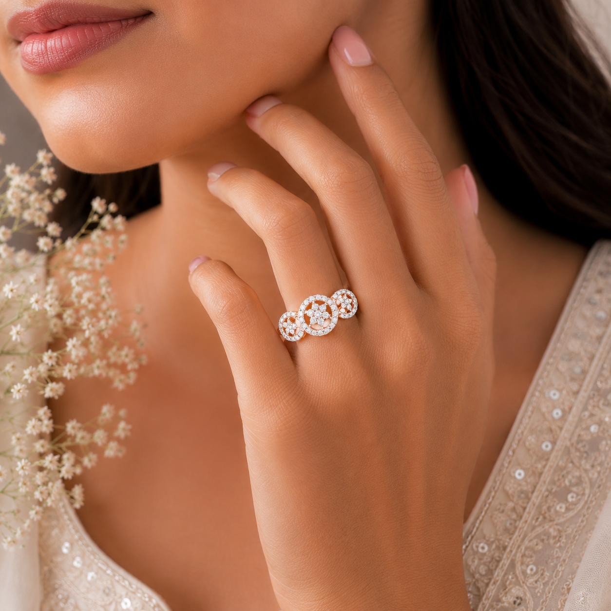Kavya Triple Bloom Diamond Charm Ring
