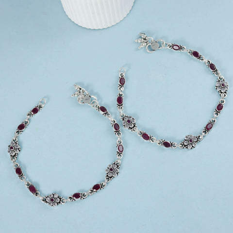 Ridhima Elegant Ruby Stone Silver Anklets