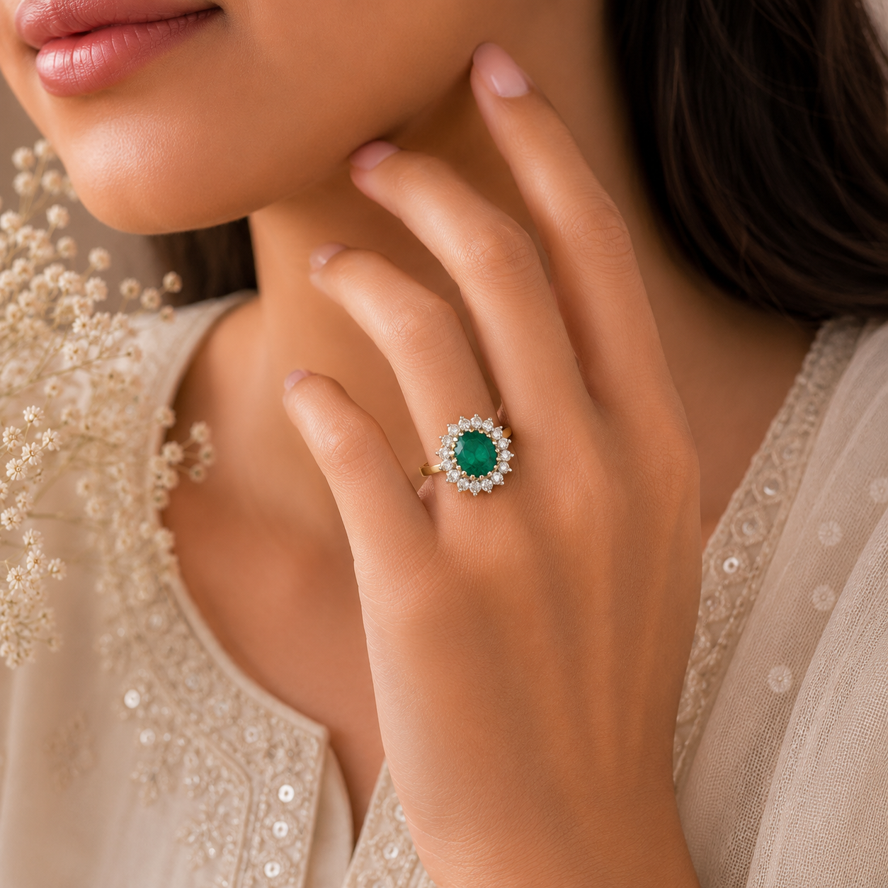 Smriti Floral Emerald Diamond Ring