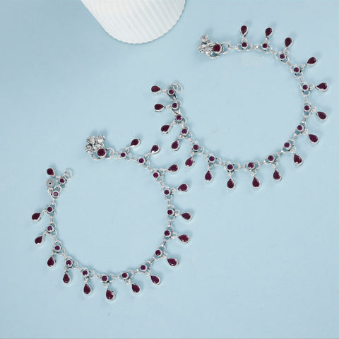 Prisha Ruby Elegance Silver Anklets