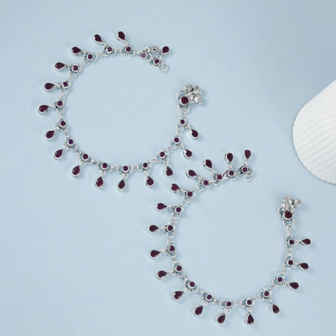Prisha Ruby Elegance Silver Anklets