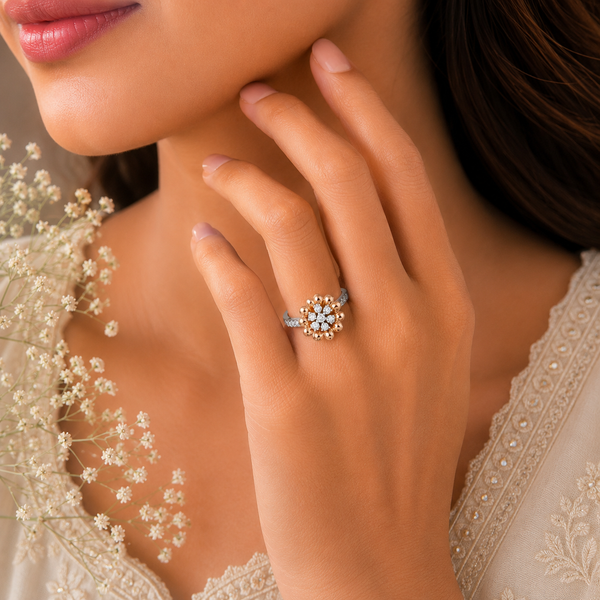 Elegant Floral Diamond Ring With Rose Gold Petals
