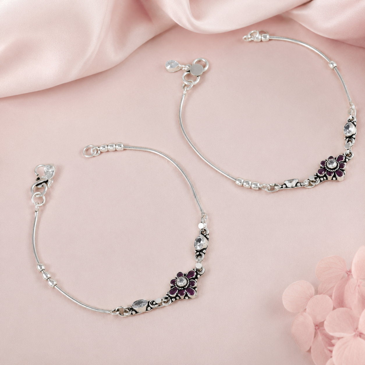 Ankita Floral Ruby Center Silver Anklets