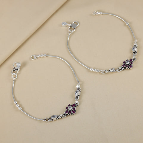Ankita Floral Ruby Center Silver Anklets