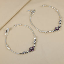 Ankita Floral Ruby Center Silver Anklets