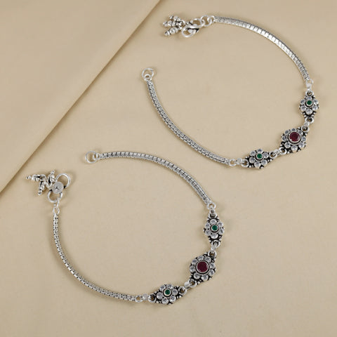 Madhuri Ruby & Green Floral Motif Silver Anklets