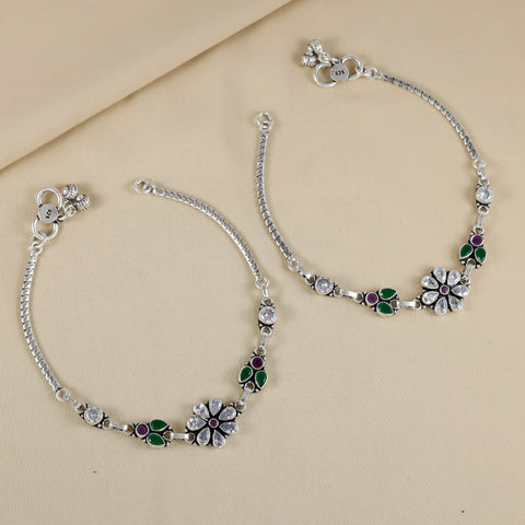 Nisha Emerald Bloom Charm Silver Anklets