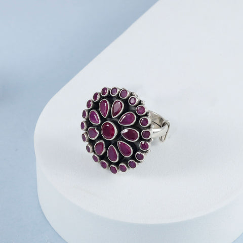 Lata Flora With Deep Purple Stones Silver Ring